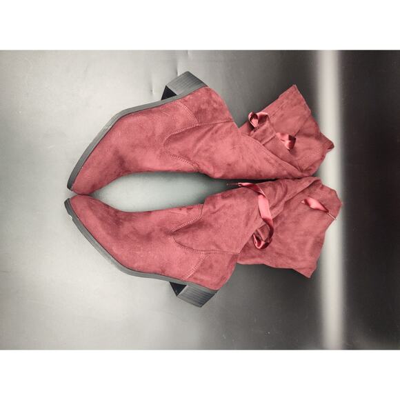Women’s Burgundy Over-the-Knee Boots Size 8.5 Suede-Look Zip Tie Back Block Heel - Picture 7 of 9